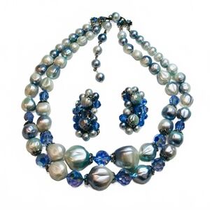 Vintage Necklace & Clip Earrings, 2 Strand Simulated Blue Pearl and Crystal